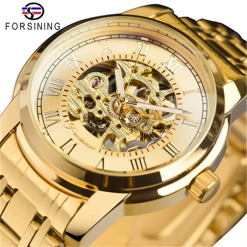 Forsining 349 Montre mécanique pour homme, boîtier rond, squelette, acier inoxydable, argenté et noir, montres-bracelets manuelles pour homme