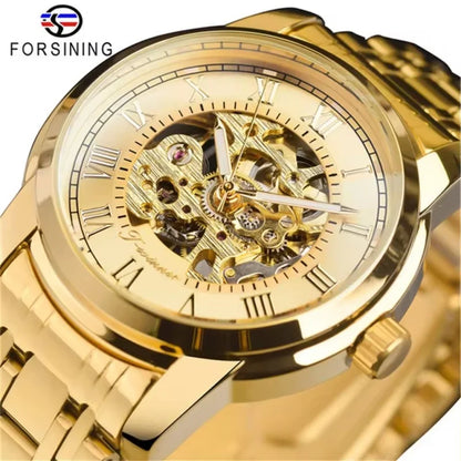 Forsining 349 Montre mécanique pour homme, boîtier rond, squelette, acier inoxydable, argenté et noir, montres-bracelets manuelles pour homme