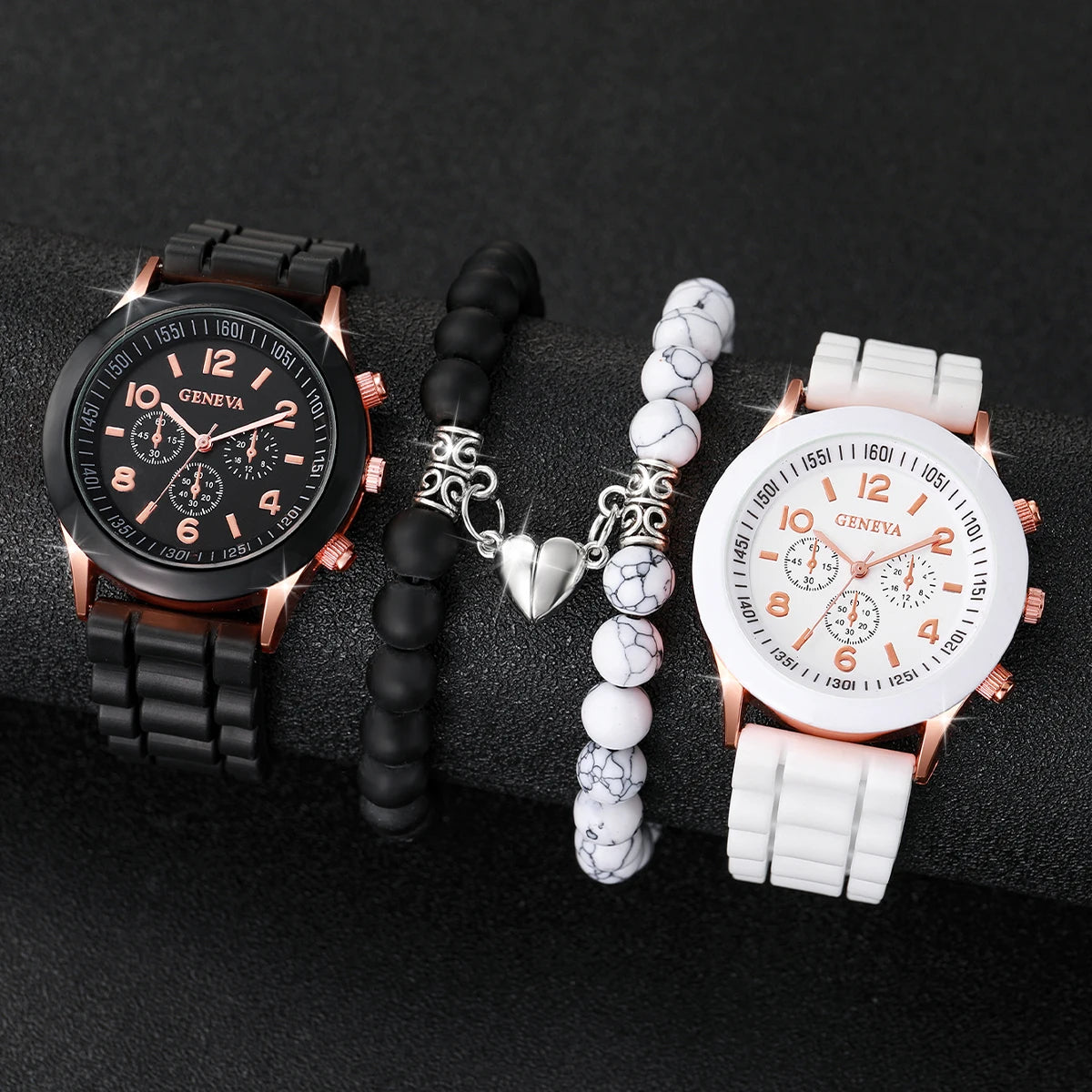 Montres de couple 4 pièces, à la mode, pour femmes arabes, montres-bracelets décontractées à quartz avec bracelet en silicone et bracelets magnétiques en forme de cœur