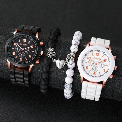 Montres de couple 4 pièces, à la mode, pour femmes arabes, montres-bracelets décontractées à quartz avec bracelet en silicone et bracelets magnétiques en forme de cœur