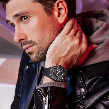 BONEST GATTI Men Mechanical Watch Carbon Fiber Bezel Tonneau Luminou Case Fluororubber Strap Small Second Dial Watches For Men