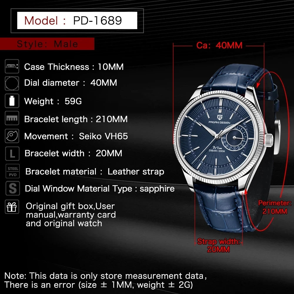 PAGANI DESIGN Montre-bracelet à quartz pour hommes, Montre de plongée de luxe en verre saphir, Étanche 200 m, Date, Montre d'affaires pour hommes