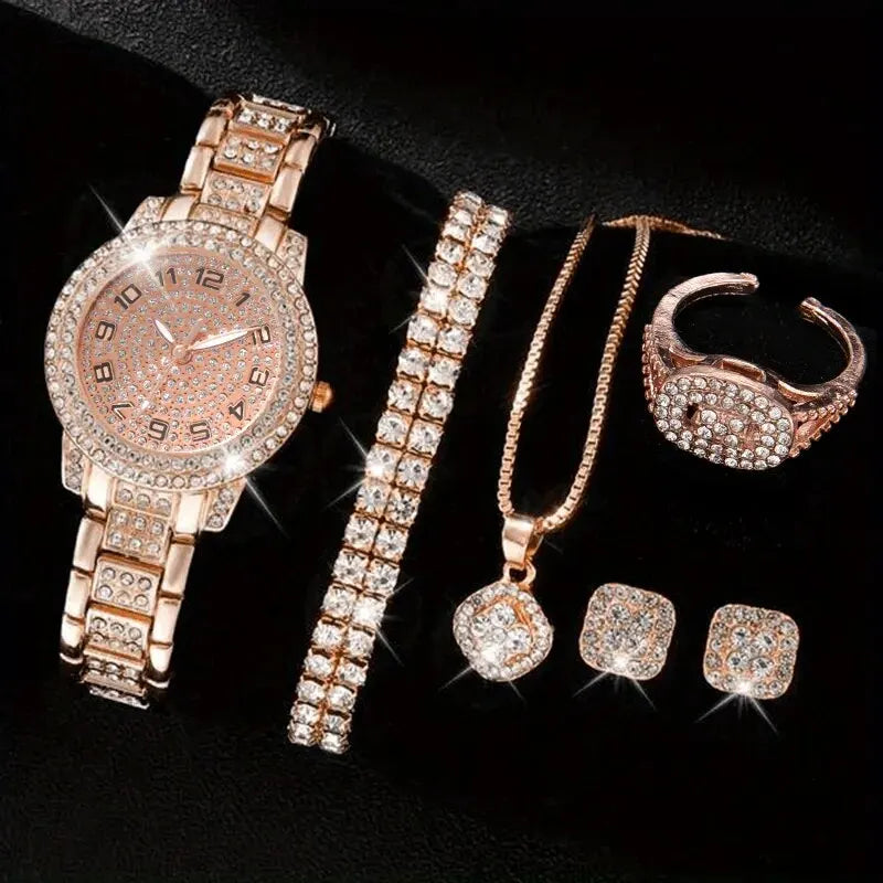 6 montres pour femme de luxe élégantes en alliage avec cristaux, bracelet en strass, montre à quartz, cadeau pour femme