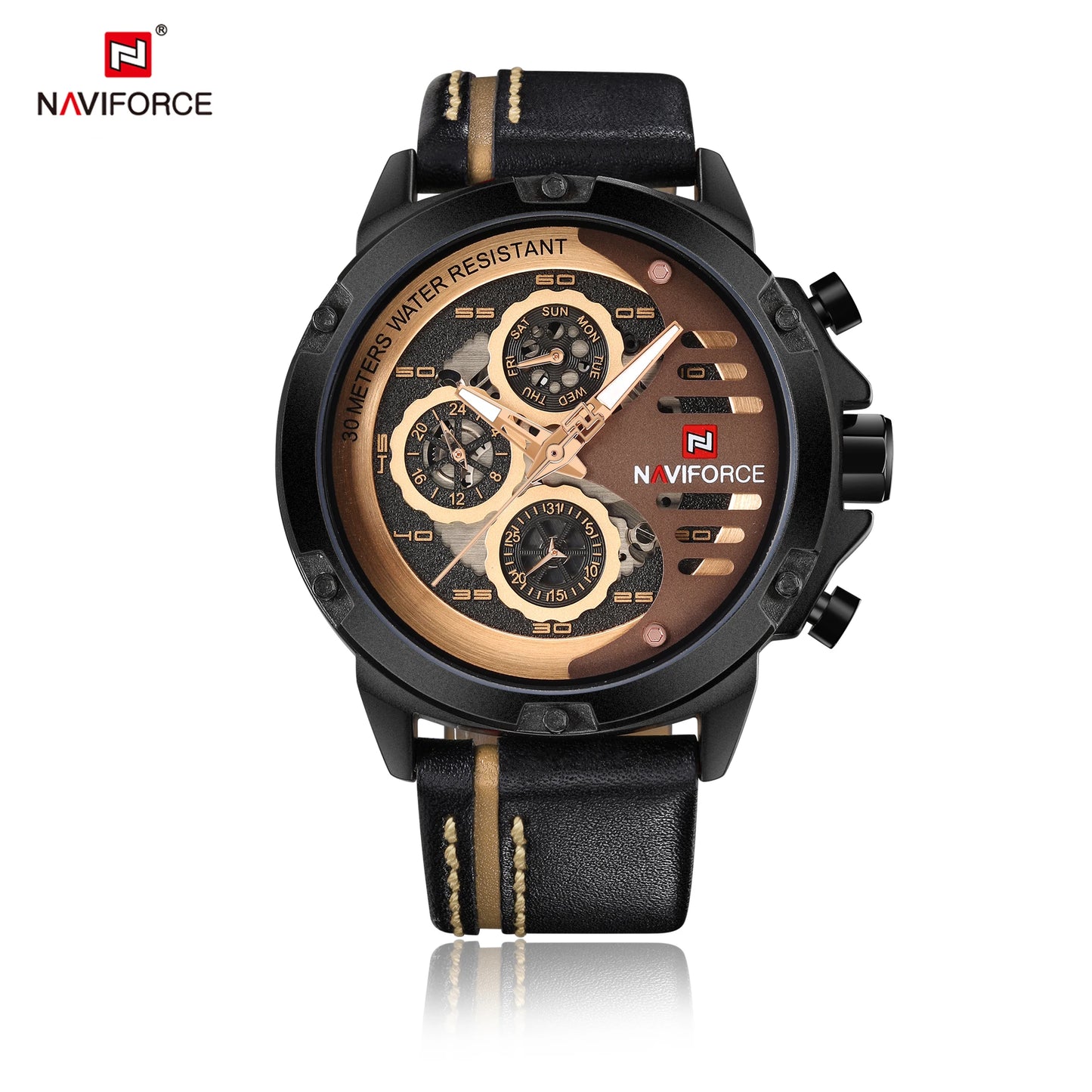 Montre Homme NAVIFORCE, Marque de Luxe, Étanche, Affichage 24 Heures, Date, Mouvement à Quartz, Bracelet en Cuir, Montre-Bracelet Sport pour Homme, Étanche