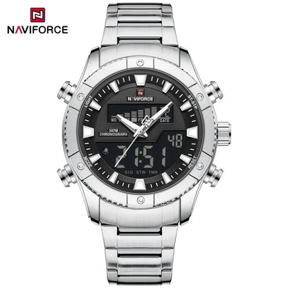 Montre NAVIFORCE Originale Neuve pour Hommes Double Affichage Heure Étanche Acier Inoxydable Multifonction Compte à Rebours Sports Réveil