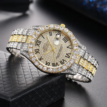 Montre diamant bling homme couleur or vente chaude montre de luxe à quartz montre mâle dropshipping montre-bracelet calendrier strass