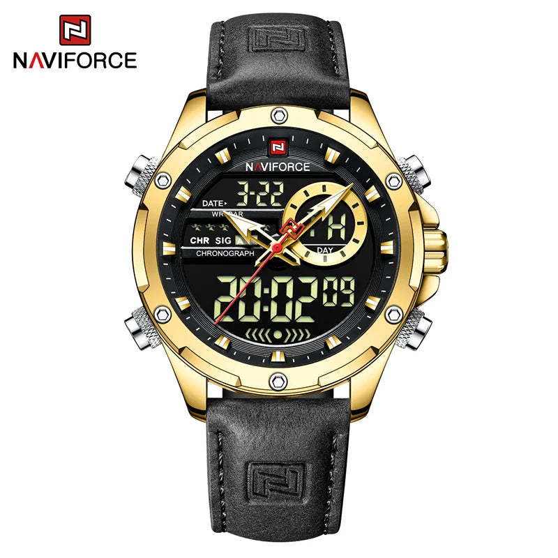 NAVIFORCE Montre tendance homme, charmante et accrocheuse, affichage du jour, de la date et de l'heure, bracelet en cuir souple, aiguille lumineuse, affichage LED, cadeau homme