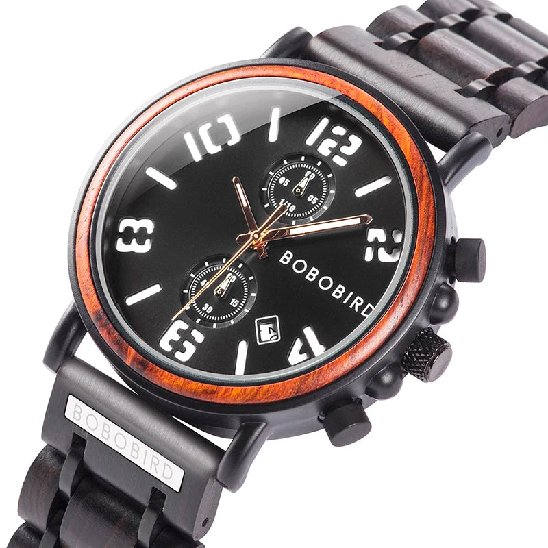 Montre en Bois de Luxe Marque Homme BOBO BIRD relogio masculino Chronographe Militaire reloj madera Cadeau pour Père Fils Mari