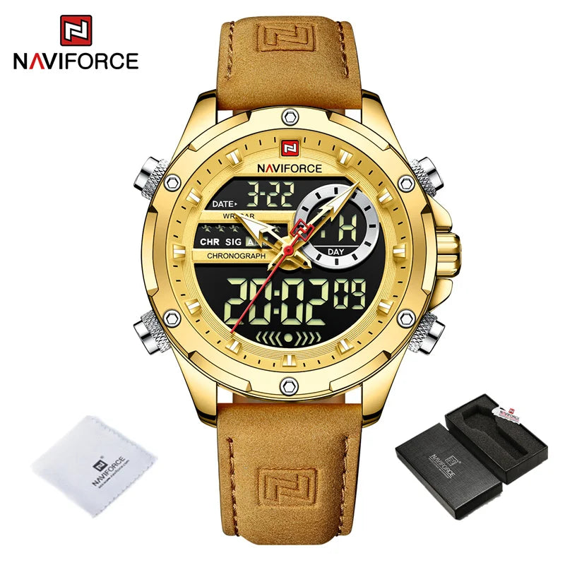 NAVIFORCE Montre-bracelet de luxe originale pour hommes, double fuseau horaire, sport, décontractée, chronographe, alarme, quartz, bracelet en cuir, étanche