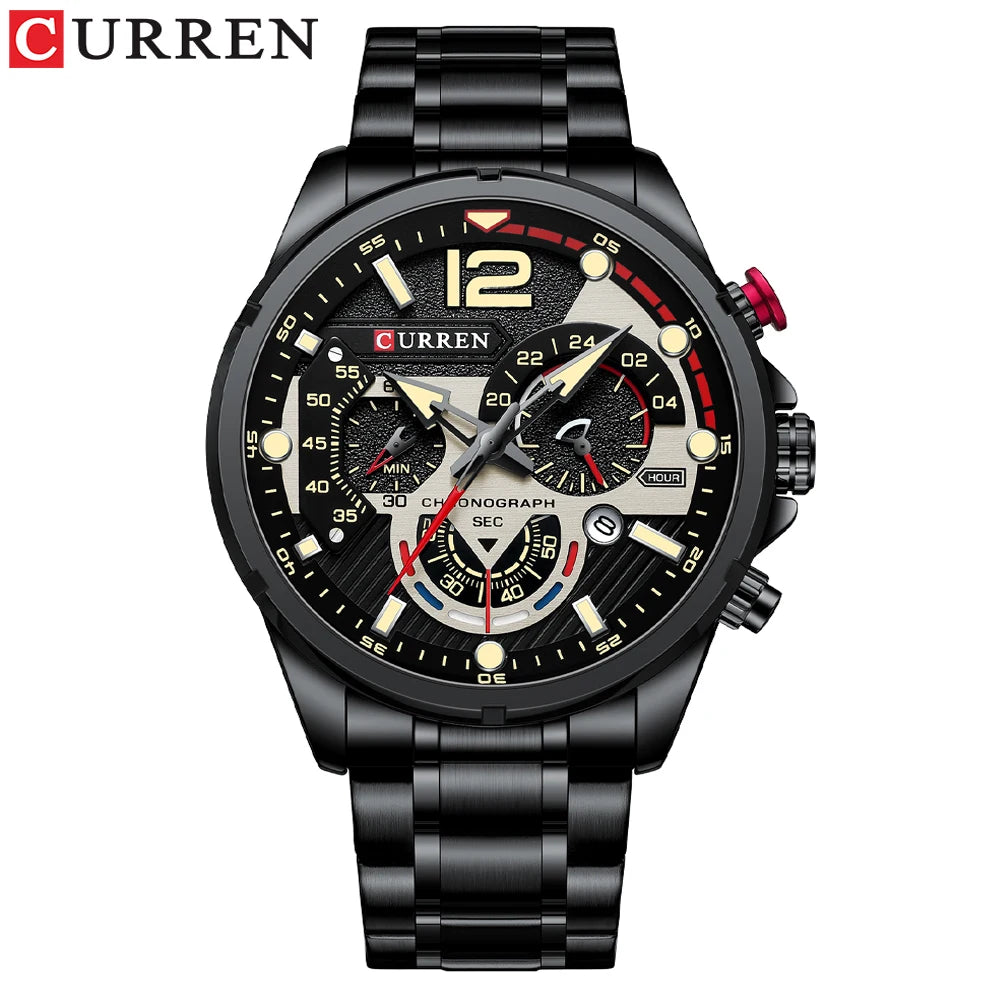 CURREN Montre à quartz mode homme, décontractée, sport, avec cadran chronographe en acier inoxydable et aiguilles lumineuses
