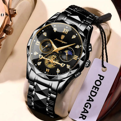 POEDAGAR Montre-bracelet homme de haute qualité en acier inoxydable, chronographe, pour affaires, étanche, lumineuse, à quartz