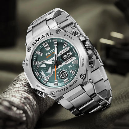Montre SMAEL Hommes Grande Marque Luxe Argent Acier Inoxydable Sport Homme Horloge Numérique Analogique Quartz Militaire Étanche Montres-bracelets