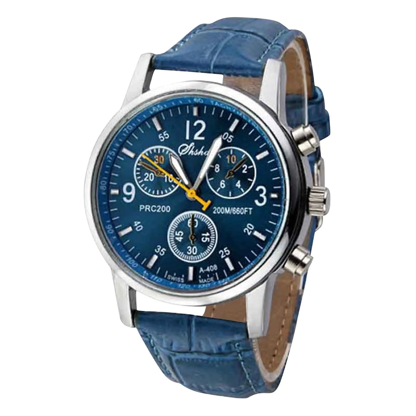 Montre homme à quartz bleue, bracelet en cuir, style chronographe, accessoire de montre-bracelet décontractée et professionnelle, pour usage quotidien, tendance 2026