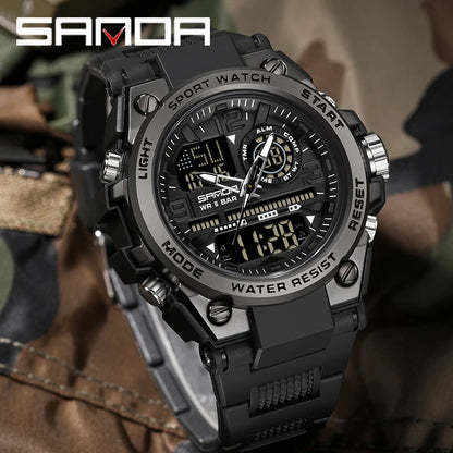 Montres de Sport à Quartz SANDA pour Hommes, Double Affichage LED Électronique Numérique, Étanche, Militaire, Relogios Masculino