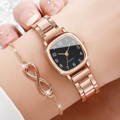 Lot de 2 montres carrées tendance pour femmes, bracelet en acier inoxydable, montre à quartz avec bracelet en forme de cœur