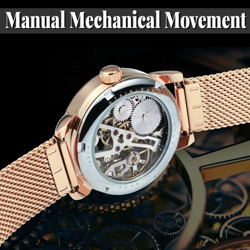 Forsining 099L Montre squelette élégante et tendance pour femmes, nouvelles montres-bracelets mécaniques de luxe en or rose pour dames