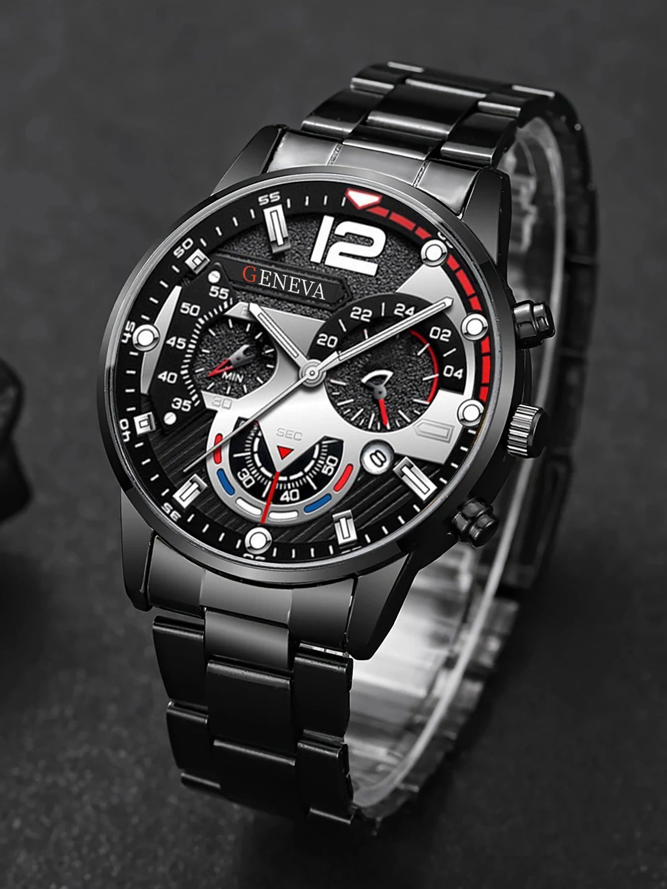 Ensemble Montre Tendance Quartz Homme avec Bracelet Collier Bague Fonction Calendrier Cadeau d'Anniversaire Sans Boîte