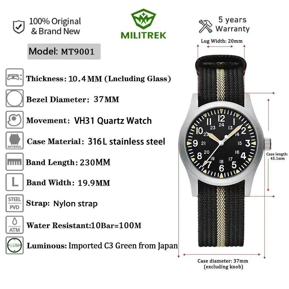Montre Homme MILITREK 2026 Nouvelle Montre Militaire Rétro Quartz VH31 37mm Saphir Acier Inoxydable Étanche 100m Lumineux C3 Reloj Hombre