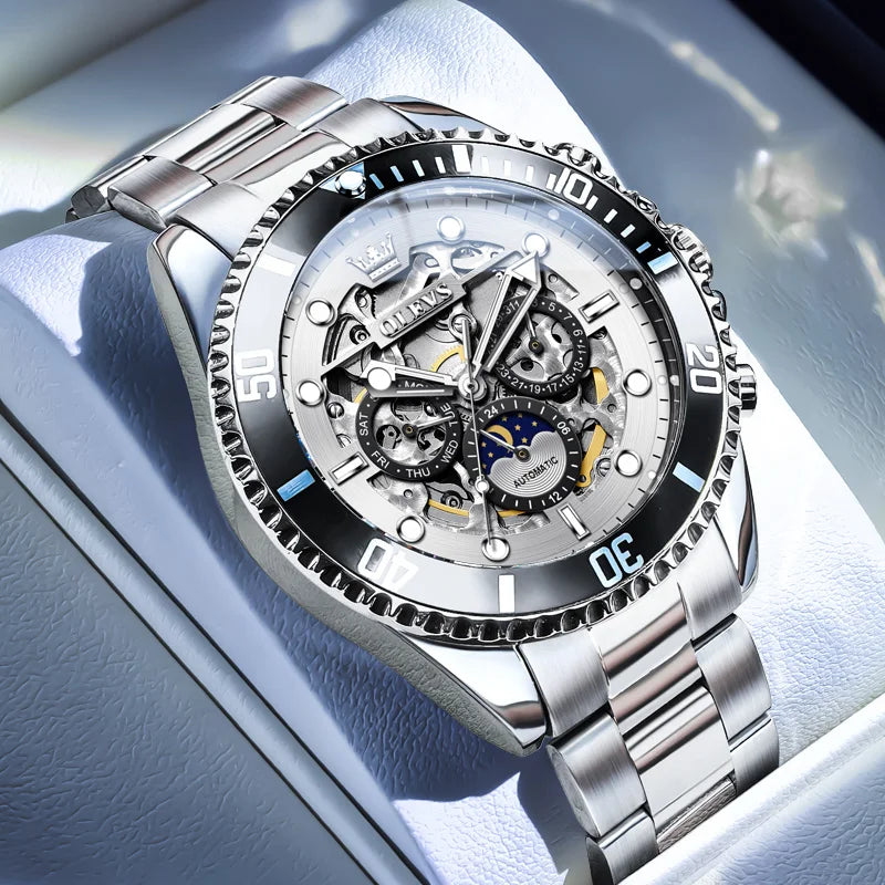 OLEVS 6715 Montre Homme Évidée Date Automatique Mécanique Pour Hommes 43mm Grand Cadran Phase de Lune Montre-Bracelet Étanche Tendance Pour Homme