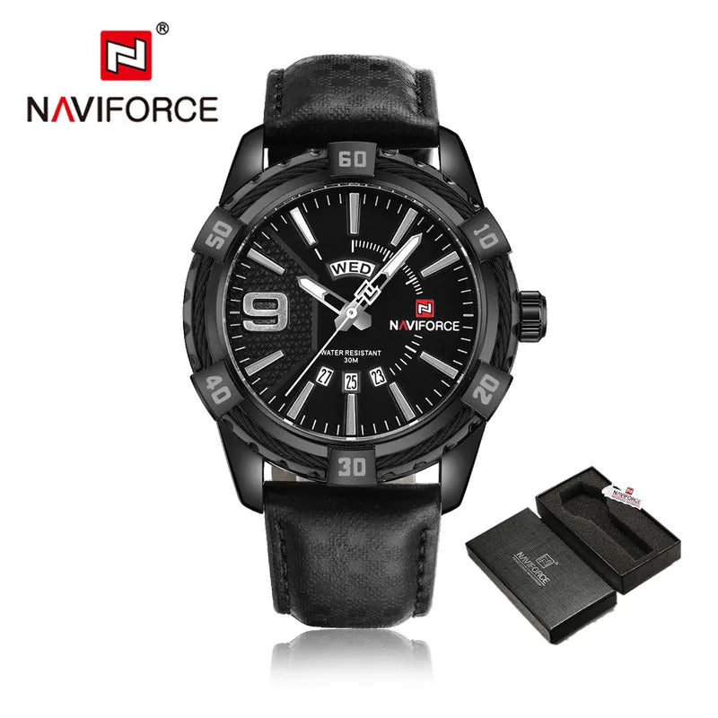 NAVIFORCE Montre Homme Tendance Or Luxe Sport Étanche Militaire Montre-bracelet Affaires Décontracté Bracelet en Cuir Date Horloge 9117