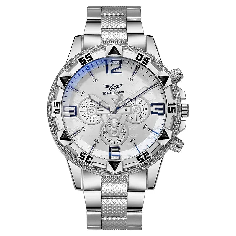 Montre de luxe pour hommes, bracelet en acier inoxydable, verre bleu-clair, montres à quartz pour hommes, grand cadran décontracté, bracelet-montre pour cadeaux pour hommes