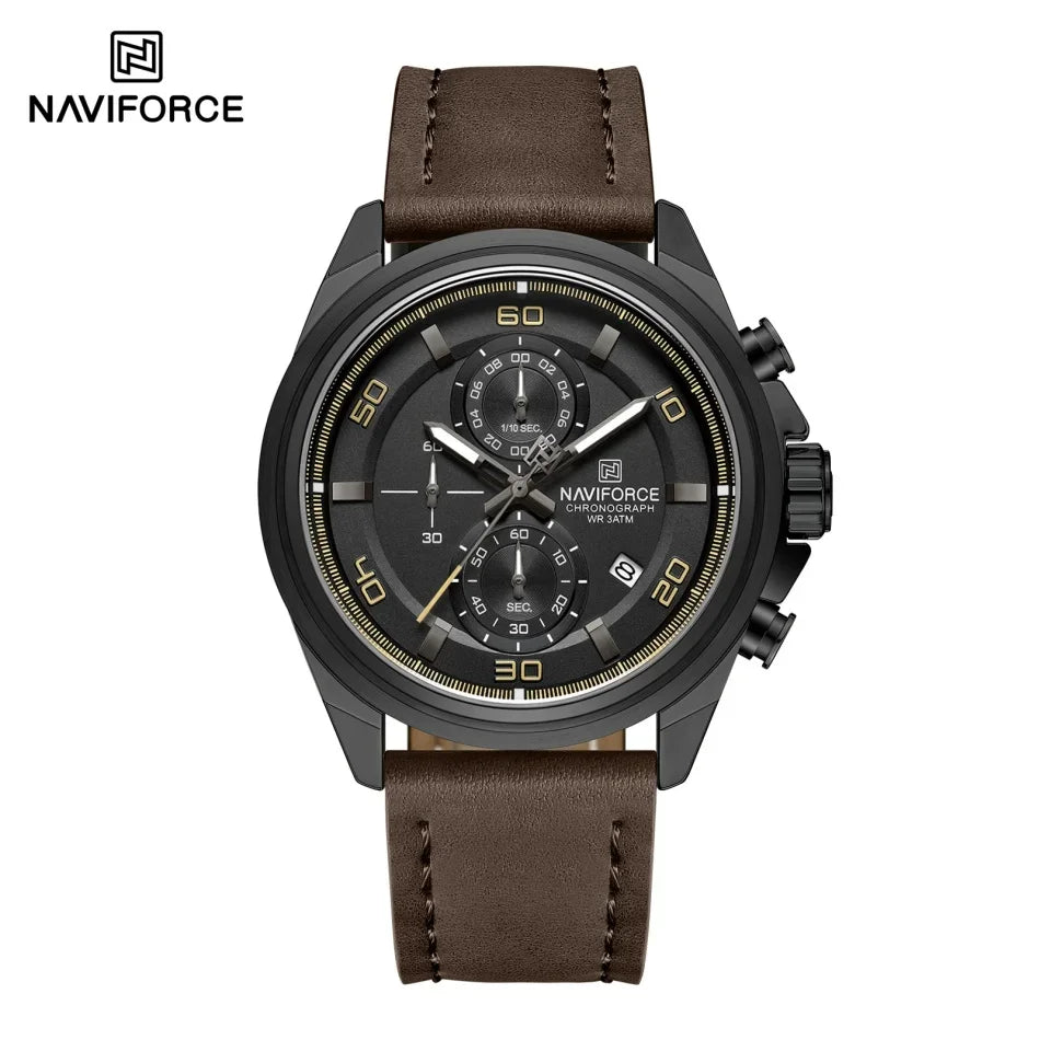 NAVIFORCE Montres Hommes Multifonctions Étanche Montre Quartz Lumineuse de Nuit Montre Bracelet en Cuir Business pour Hommes