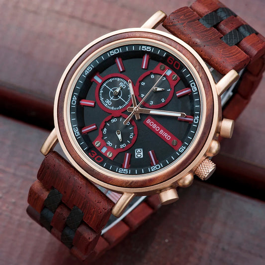 BOBO BIRD Wooden Chronograph Watch in Wooden Box