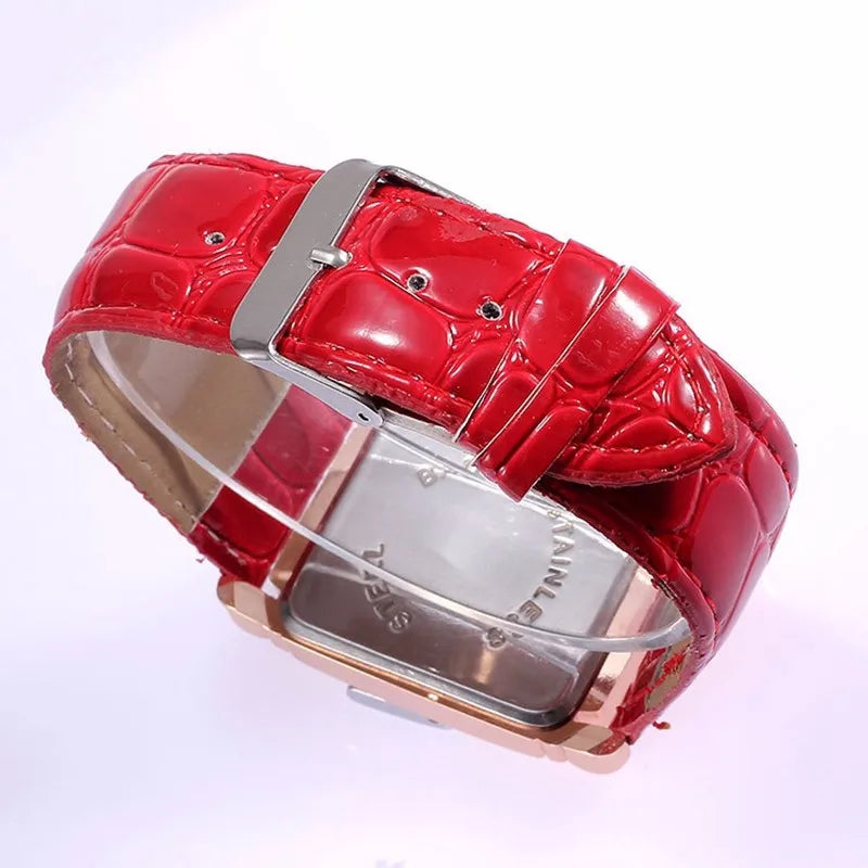 Montre-Bracelet Femme Luxe Métal Or Rose Carré Dames Quartz Rectangle Cuir Rouge Horloge Féminine
