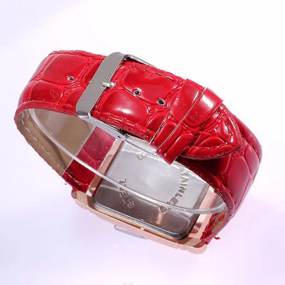 Montre-Bracelet Femme Luxe Métal Or Rose Carré Dames Quartz Rectangle Cuir Rouge Horloge Féminine