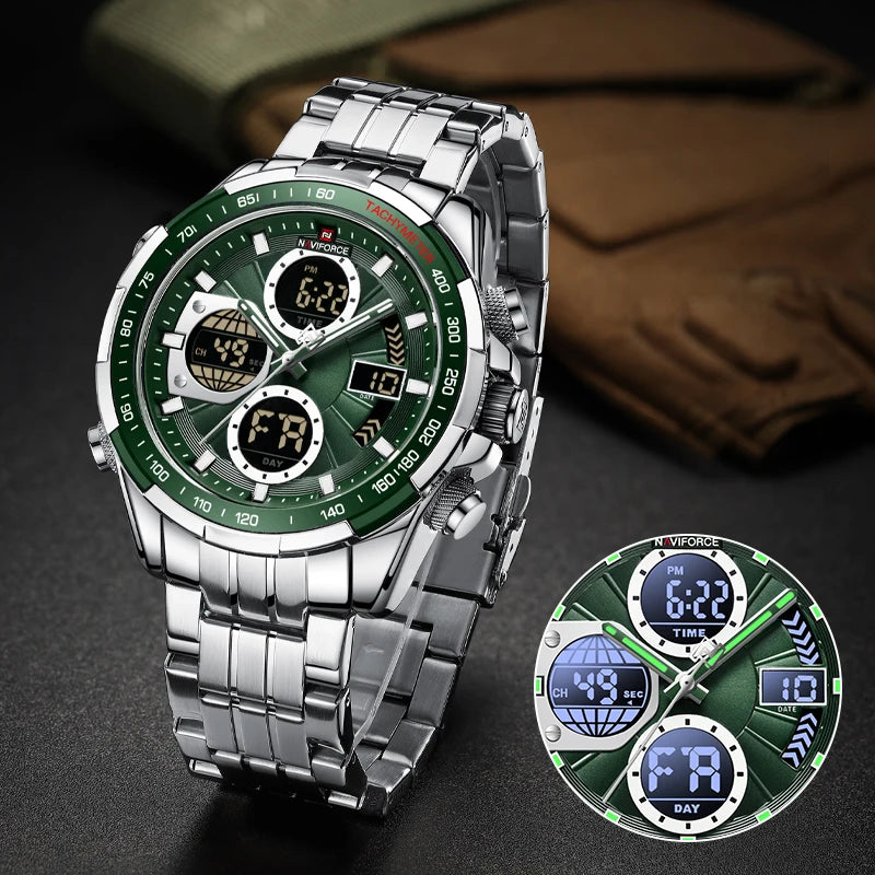 NAVIFORCE Montre-bracelet de sport décontractée pour homme en acier inoxydable étanche lumineuse à double affichage à quartz Horloge Homme Reloj Hombre