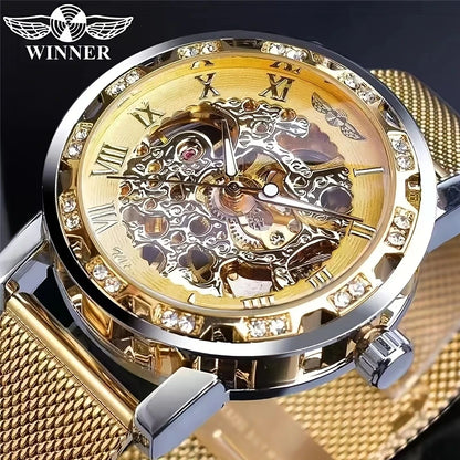 1 Piece of Men's Fashionable Diamond-Encrusted Manual Mechanical Watch, Skeleton Design Mesh Strap Watch, Stylish Casual Versatile Handsome Male Student Wristwatch, High-Value Gift Choice, No Battery Needed