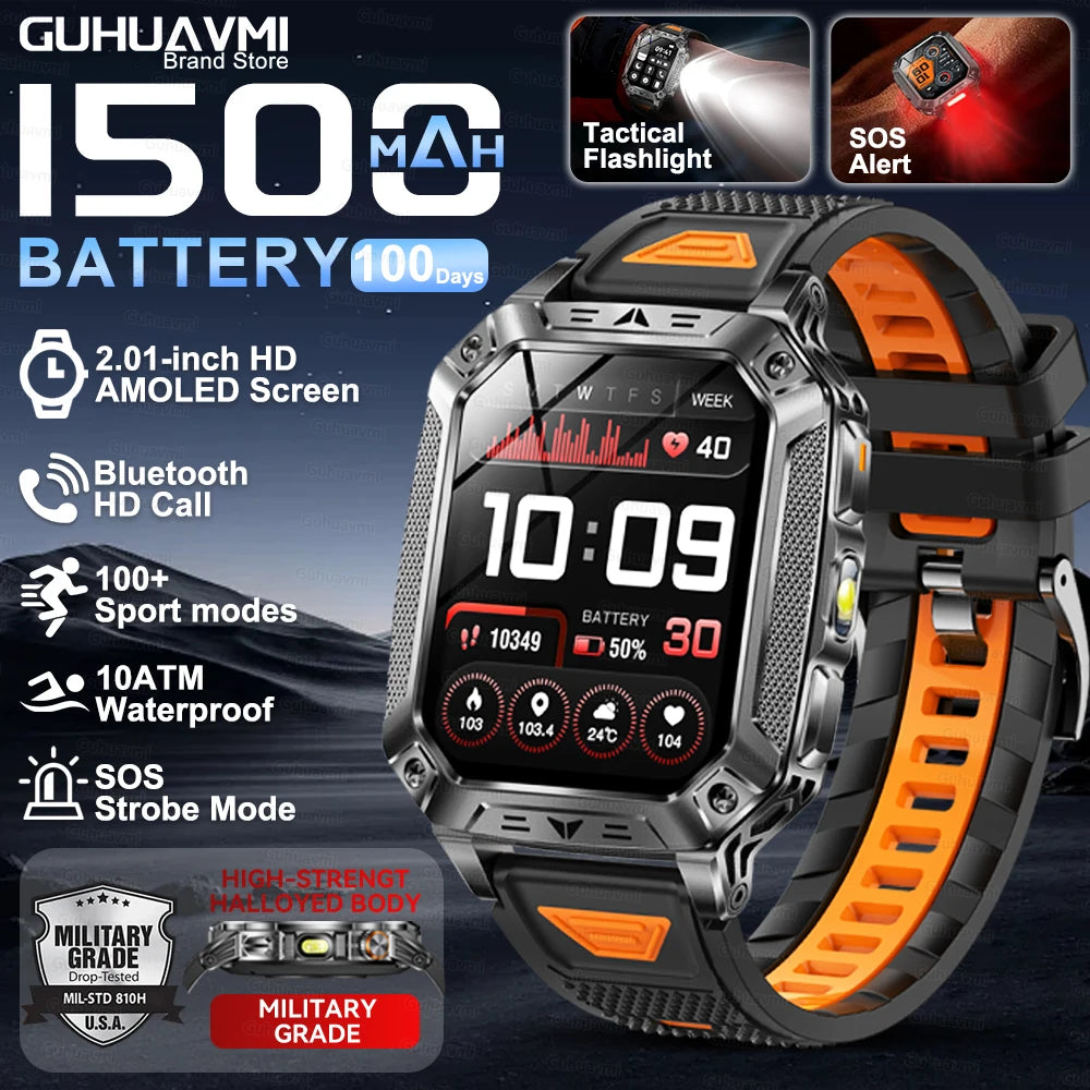 Montre Intelligente Militaire Homme 1500mAh Longue Autonomie Sport Extérieur Montre Connectée Homme Étanche 10ATM Fréquence Cardiaque Appel BT Grande Batterie