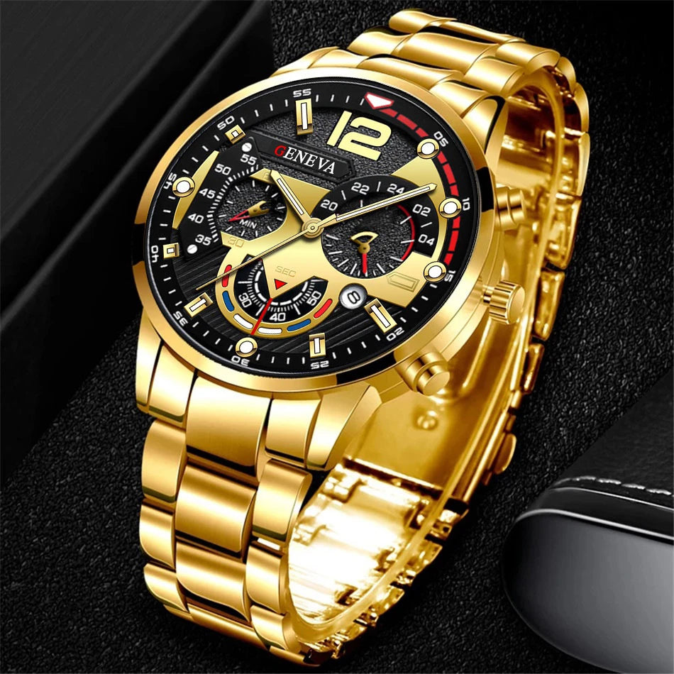 Montre-bracelet à quartz analogique pour homme avec bracelet en acier inoxydable et calendrier
