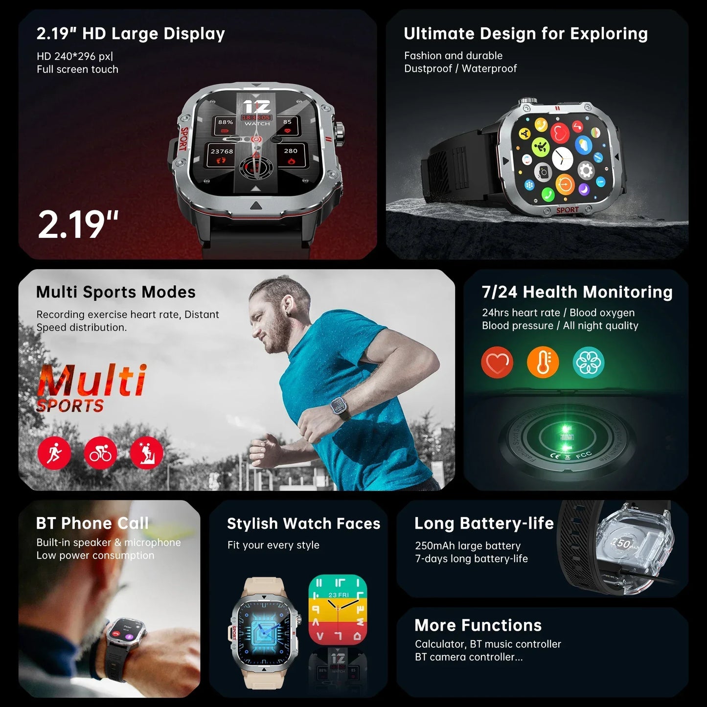 Montre connectée militaire 2026 Hommes Étanche Sports de plein air Suivi d'activité Moniteur de santé 2,19" Appel BT Smartwatch