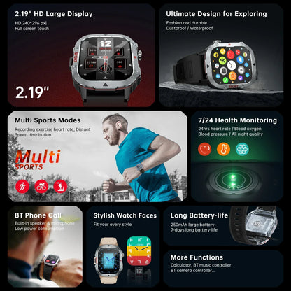 Montre connectée militaire 2026 Hommes Étanche Sports de plein air Suivi d'activité Moniteur de santé 2,19" Appel BT Smartwatch