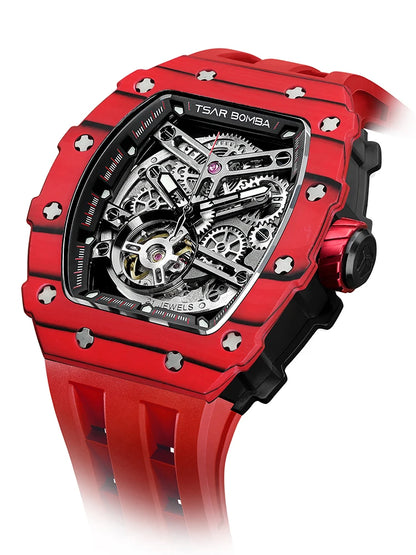 TSAR BOMBA Carbon Fiber Automatic Mechanical Watch for Men Waterproof Skeleton Mens Watches Top Brand Luxury Wristwatches