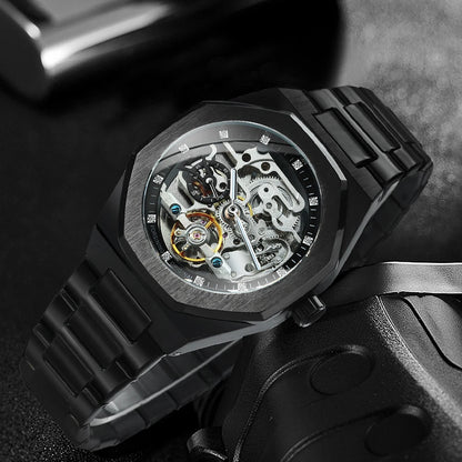 Montre automatique Forsining argentée pour homme, cadran 3D diamant, tourbillon irrégulier, squelette, mécanique, bracelets lumineux, horloge