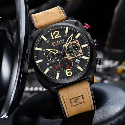 CURREN 8398 Six-Hand Calendar Leather Strap Watch