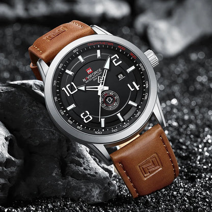 Montre-bracelet décontractée tendance NAVIFORCE pour homme, montre militaire de sport étanche avec bracelet en cuir, mouvement à quartz, calendrier