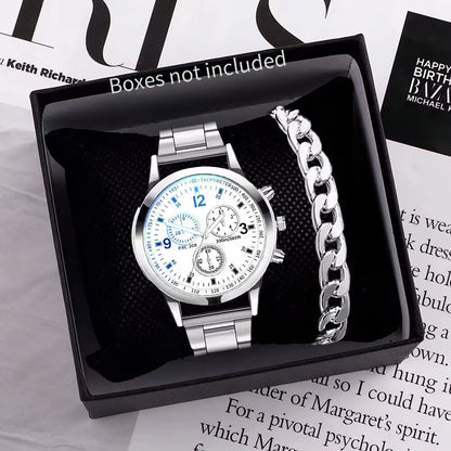 Men's quartz watch with stainless steel bracelet and matching accessory