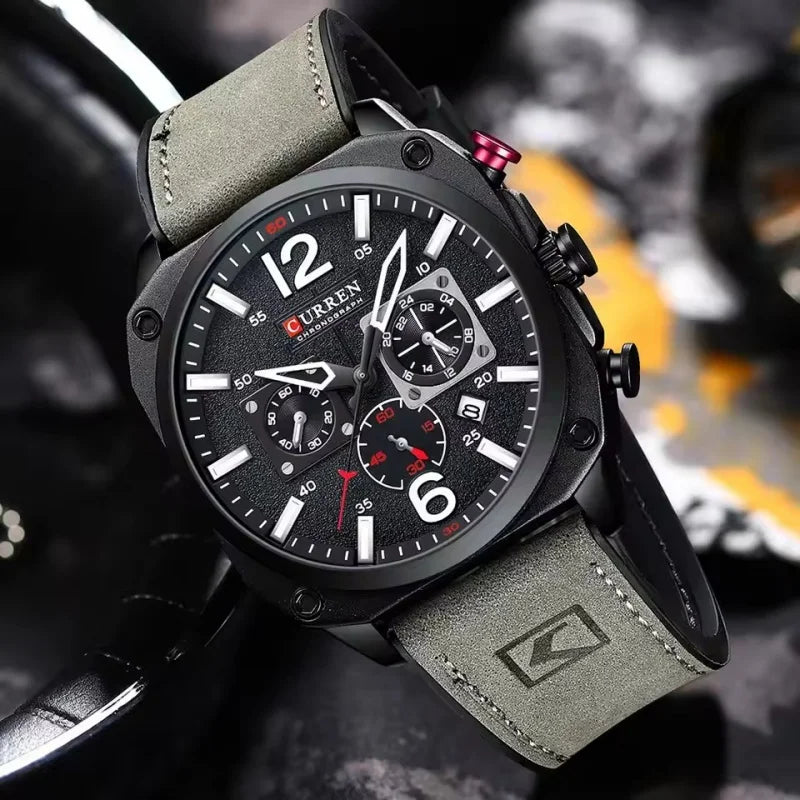 CURREN 8398 Six-Hand Calendar Leather Strap Watch