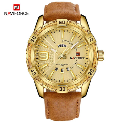 NAVIFORCE Montre Homme Tendance Or Luxe Sport Étanche Militaire Montre-bracelet Affaires Décontracté Bracelet en Cuir Date Horloge 9117