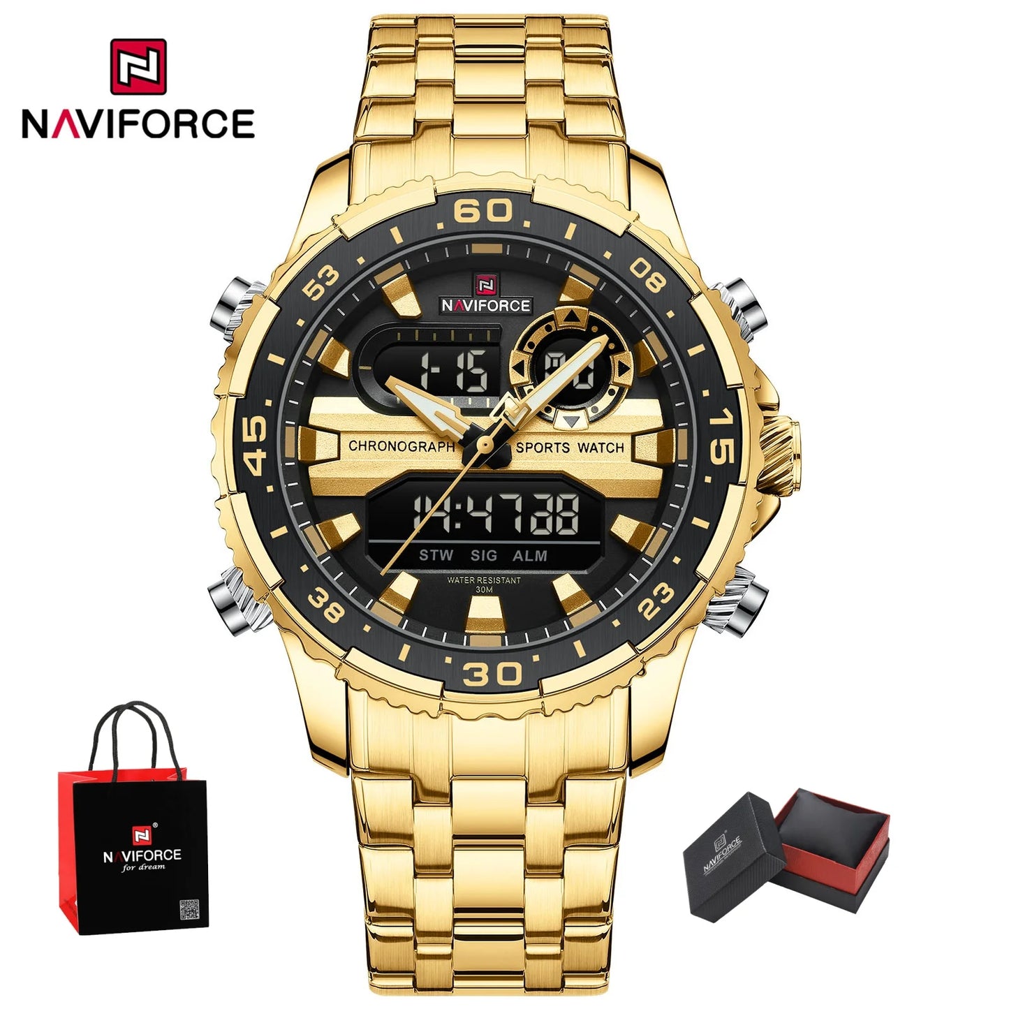 Top Marque NAVIFORCE Montre Homme Analogique LCD Numérique Bracelet en Acier Inoxydable Étanche Date Horloge Cadeaux