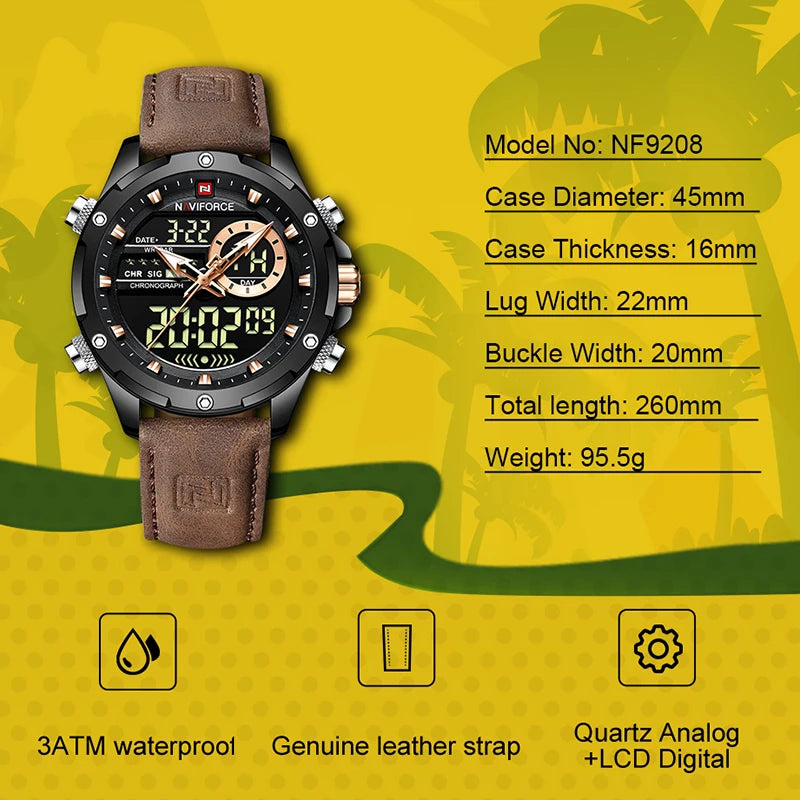NAVIFORCE Nouvelles montres homme en cuir véritable, mouvement à quartz, chronographe, marque de luxe, lumineuses, analogiques, numériques, pour homme