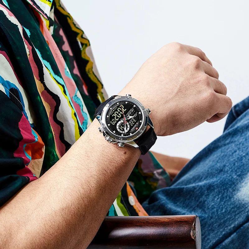 Montres NAVIFORCE pour hommes, style militaire sportif, en cuir véritable, étanches, avec cadran numérique, chronographe lumineux et créatif.