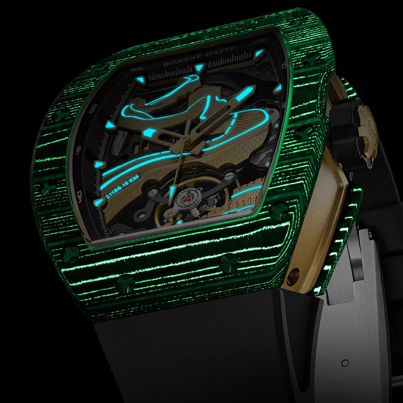 Montre-bracelet à mouvement mécanique BONEST GATTI, boîtier en fibre de carbone, cadran Grande Muraille luminescent, montres pour homme