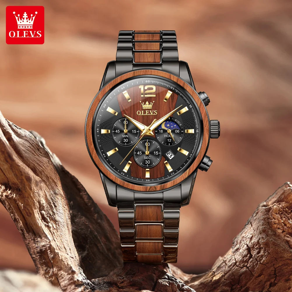 ChronoState OLEVS 3645 – Montre chronographe multifonction phases de lune | Montre de luxe pour homme à quartz et bois
