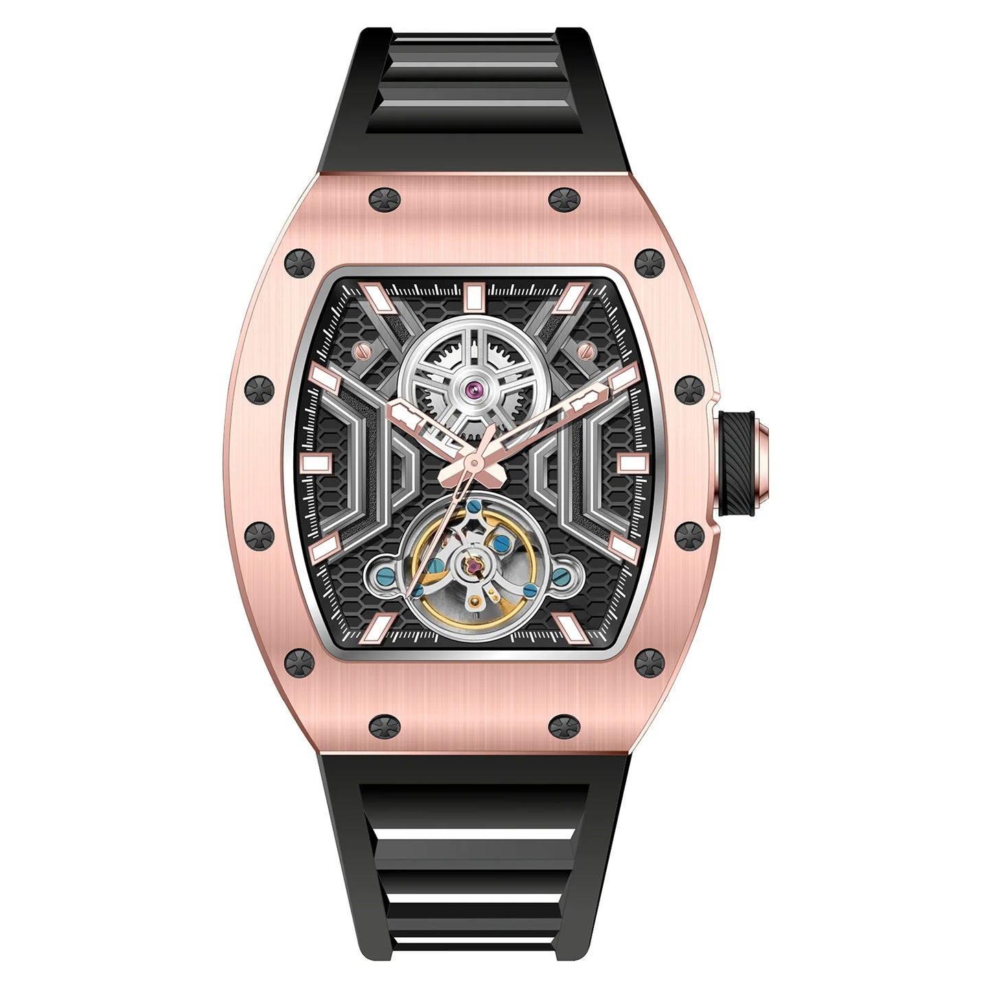 CHANCE Men Wristwatch Fashion Black Waterproof Automatic Mechanical Watch with Luminous Hands Silicone Strap Tonneau Dial