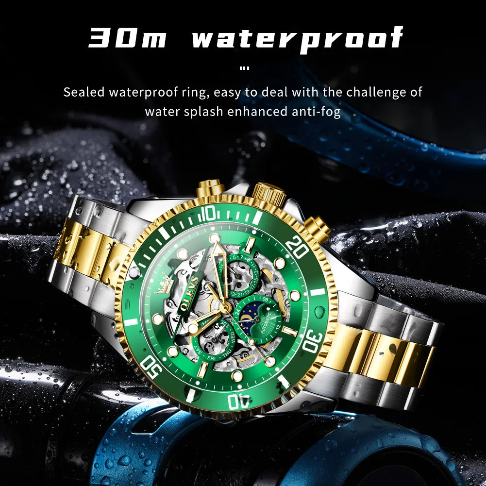 OLEVS 6715 Montre Homme Évidée Date Automatique Mécanique Pour Hommes 43mm Grand Cadran Phase de Lune Montre-Bracelet Étanche Tendance Pour Homme
