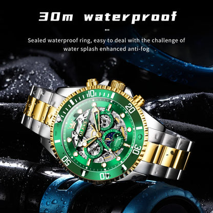 OLEVS 6715 Montre Homme Évidée Date Automatique Mécanique Pour Hommes 43mm Grand Cadran Phase de Lune Montre-Bracelet Étanche Tendance Pour Homme